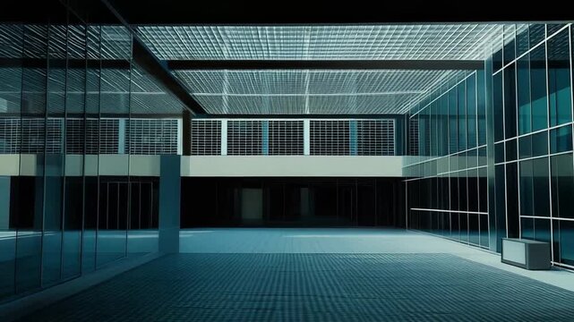 Modern architecture establishing a contemporary business environment with an outdoor area, featuring glass walls, reflections, and a grid ceiling in a minimalist design