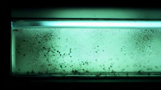 Microscopic particles are floating in a transparent liquid within a laboratory container, illuminated by a glowing light source, creating an experimental biological or chemical scene