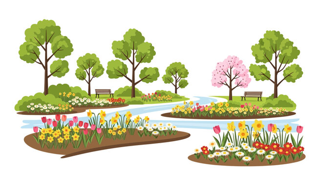 Vibrant Spring Park Scene with Flower Beds and Trees