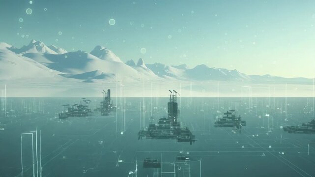 Digital information displaying network connections and data analysis across a cold landscape with floating structures, representing advanced communication in remote areas
