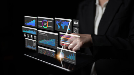 Data dashboards with graphs, charts, maps, and metrics representing global sales analysis and...