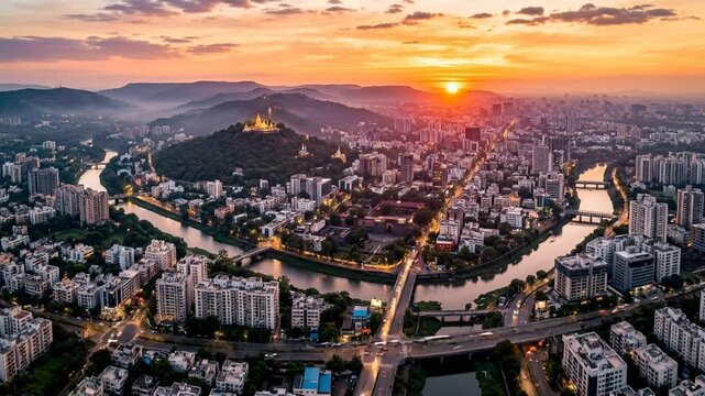pune metropolitan city aerial landscape india morning sunrise