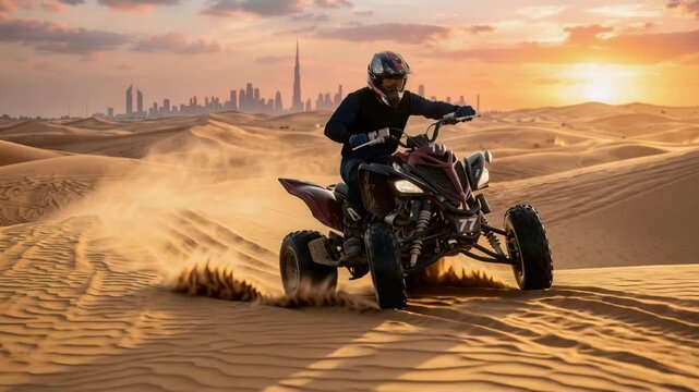 quad four wheeler man riding in dubai at a desert golden hour video