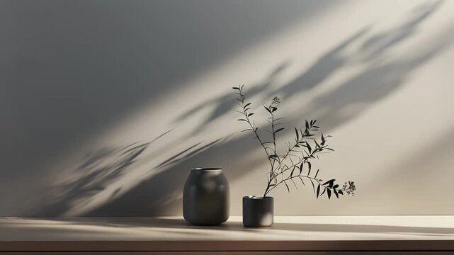Beige ceramic vessels display a delicate plant stem casting elongated shadows on a neutral wall and table, creating a serene and balanced interior aesthetic with natural light