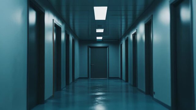 Endless clinical corridor with multiple closed doors on both sides, creating a sense of dread, mystery, and an institutional atmosphere under harsh fluorescent lights