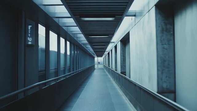 Modern architectural elements create a long, empty corridor with strong linear perspective, showcasing a seamless blend of concrete textures and glass panels connecting building sections