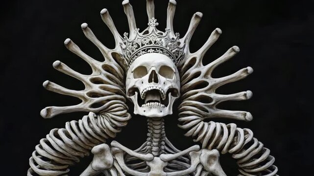 Skeletal figure with crown like skull poses with spiral arm decorations amidst a dark backdrop showcasing intricate details
