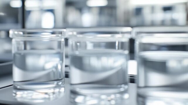 Laboratory glass beakers containing clear chemical liquid arranged for scientific analysis and experimental research in a modern clinical setting, representing precision and discovery