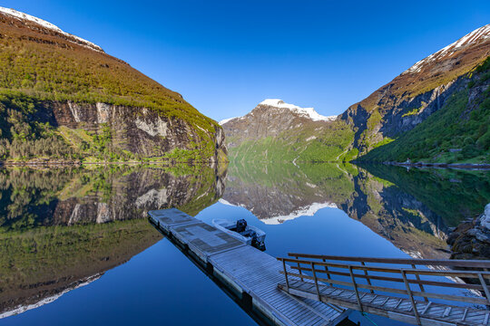 Landscape reflection in Geiranger, Norway.