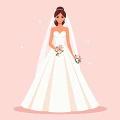 Fototapeta premium A beautiful bride in a white wedding dress happily holds flowers indoors.