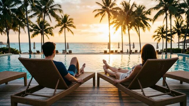 romantic couple at sunset by infinity pool with palm trees video