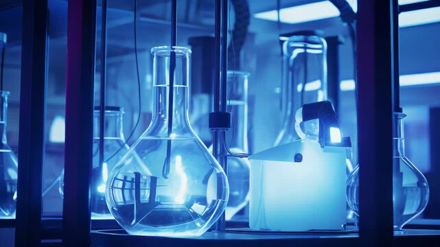 Flasks containing clear liquid glow with a cool blue light in a modern scientific laboratory, indicating ongoing experiments and advanced technological research in a controlled environment