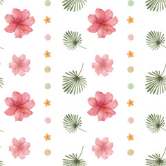Seamless childish watercolor pattern with jungle flowers and leaves. Cute pattern, African safari  © Sweet