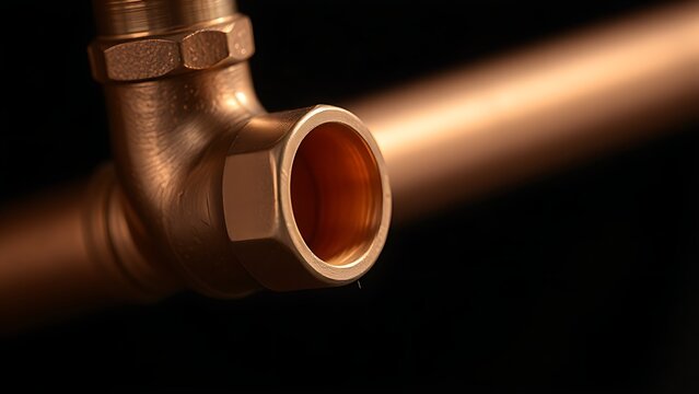 joint. Close-up of a copper pipe joint with golden solder gleaming. safety posters, maintenance manuals, designed for industrial assembly lines and welding operations.