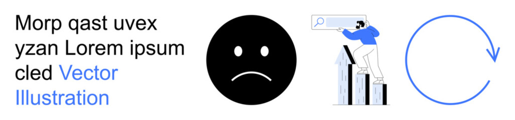 Fototapeta premium Business analysis, emotional expression, workflow process, market review, performance improvement, growth strategies. Bar graph with a person, sad face circular arrow. Business and emotional