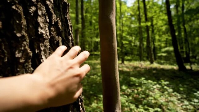 A hand gently touches and explores the rough bark of a tree in a sunlit forest, conveying connection with nature.