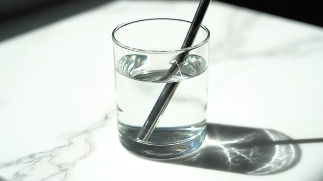A glass of water with a straw sits on a marble surface, casting shadows under changing light angles across eight seconds.