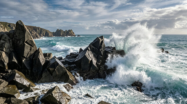 Crashing Waves on Jagged Coastal Rocks in Cornwall, UK