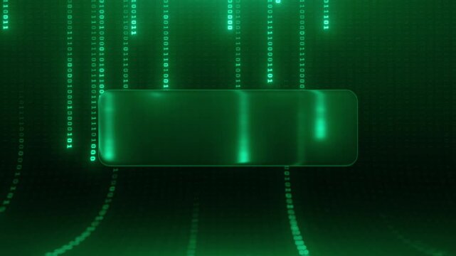 Green Matrix Binary Code Digital Technology Background with Liquid Glass Frame for Text, Futuristic Cyber Security Data Stream, AI Neural Network Hologram Banner Template 4K