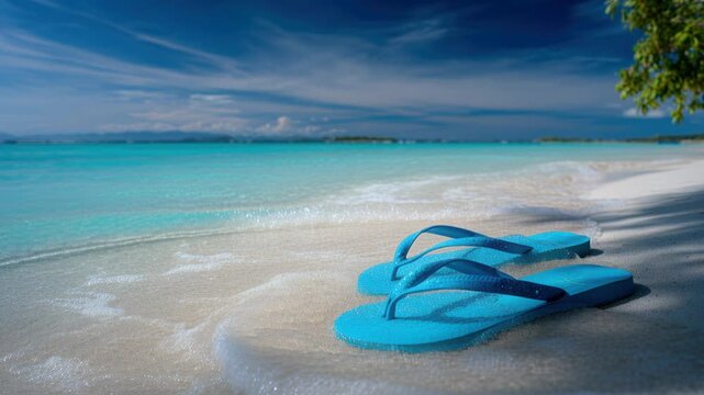 blue sandals on sandy beach, turquoise waves lapping shore under deep sky, scattered shells and footprints indicate traveler paused for sunrise swim, calm surf