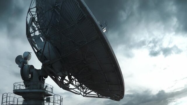 Large parabolic antenna processing data against an overcast sky, symbolizing global communication, science, technology, and advanced astronomy research
