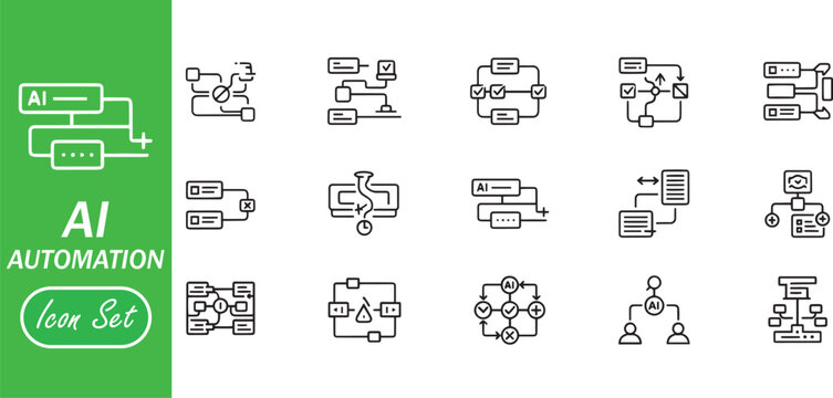 AI Automation Workflow Icon Set: Artificial Intelligence Algorithm, Data Processing, and Logic Flow Line Icons