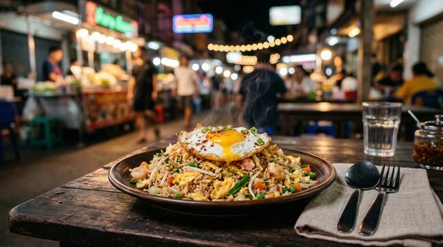 Fried rice with egg served on table in night street food setting