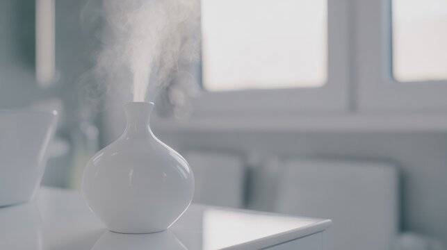 A pure white ceramic diffuser on a bathroom vanity, emitting a subtle mist, clean minimalist background. lifestyle magazines.