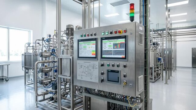 stainless steel industrial tank control panel in high tech production plant