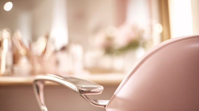 Chic beauty salon setup featuring a contemporary chair and mirror in pastel pink tones, expressing luxury and calm aesthetics, designed for property listings and lifestyle interiors.