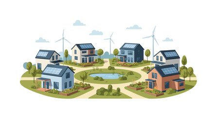 Naklejka premium Sustainable Eco Village: Houses with Solar Panels and Wind Turbines