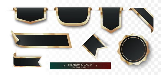 Premium black and gold paper ribbon banners and badges set with luxury metallic edges realistic labels isolated on transparent background