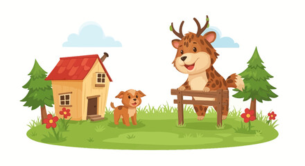Fototapeta premium Cute cartoon deer and dog with house and trees on green meadow