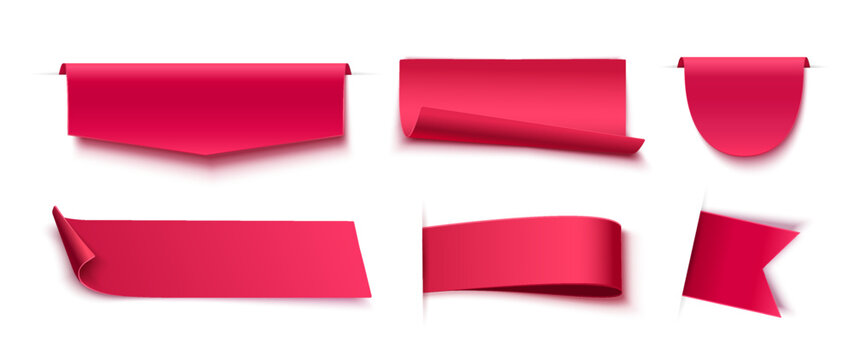 Set of red paper ribbon banners with curled edges realistic 3D labels isolated on transparent background