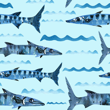Sea fish in waves on blue background seamless marine pattern