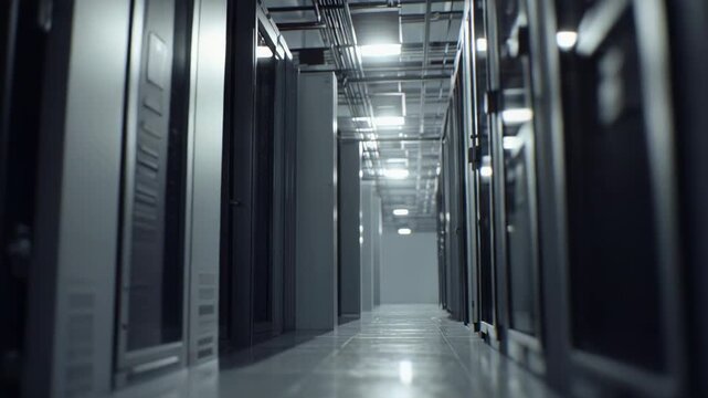 Server racks standing in rows along a long corridor, creating an industrial atmosphere in a modern data center facilitating cloud computing and digital information storage