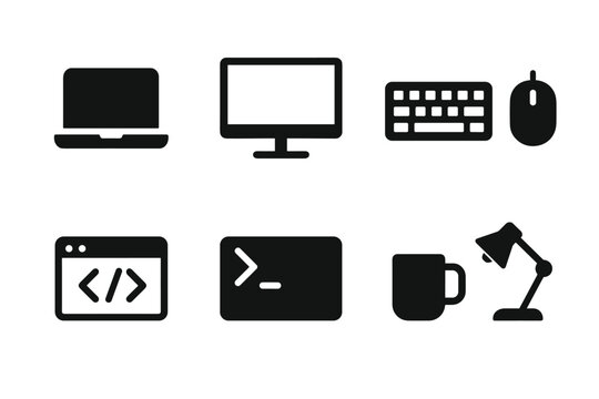 Developer Workspace Icons. Modern software developer workspace. Filled icon set of Modern software developer