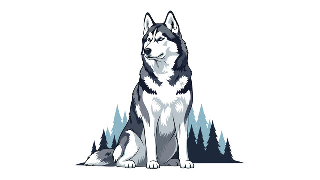 Portrait of a proud siberian husky dog sitting in front of a dark blue pine tree forest silhouette nature background.