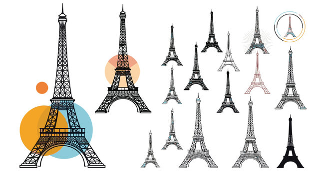 Diverse collection of eiffel tower sketches and icons in various artistic styles for travel and landmark branding.
