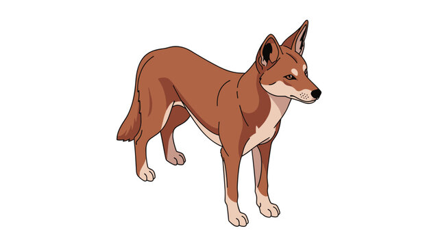 Wild Australian dingo with reddish-brown fur stands alert on a plain white background in a detailed animal illustration.