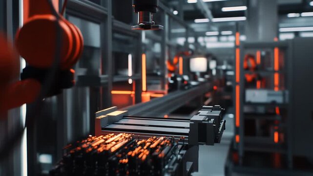 Industrial robotic arm precisely assembling components onto a circuit board on an automated production line, highlighting advanced manufacturing technology and future factory automation