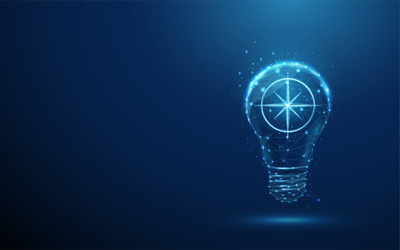 3d blue light bulb with compass inside Strategic thinking, idea direction, decision making guidance, business strategy planning, goal orientation, innovation roadmap concept