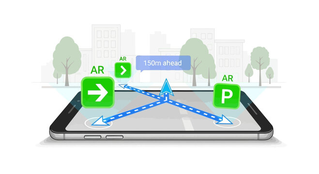 Augmented reality navigation on smartphone screen, city background, AR directions, GPS map