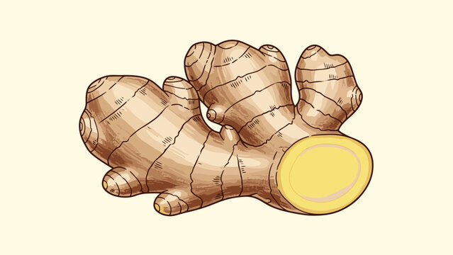 Detailed illustration of a fresh ginger root with a cross-section showing its yellow interior against a light cream background.
