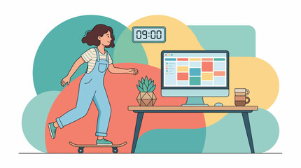 A young girl rides a skateboard next to a modern desk setup, combining playfulness and productivity in a vibrant environment while maintaining a balanced lifestyle. © Xiaoliang