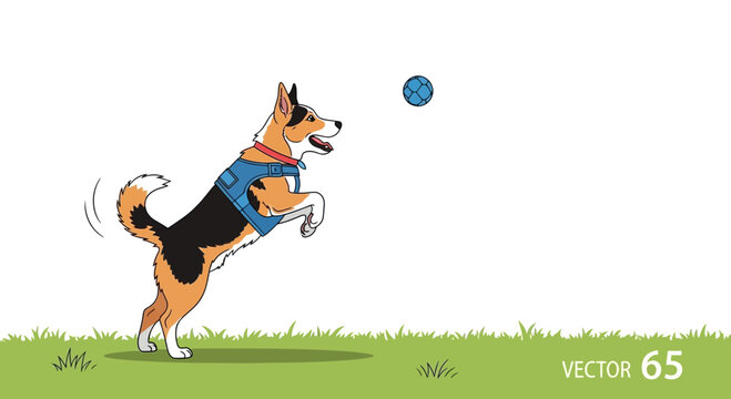 Joyful dog jumping to catch a blue ball in green grass, playful pet illustration
