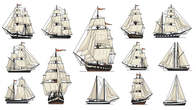 Extensive collection of various vintage sailing ships and vessels from large frigates to small schooners on a white background.
