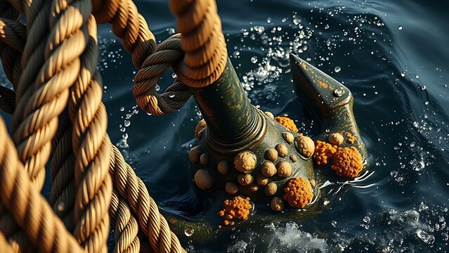 jeopardizing. Thick wet ropes and barnacled anchor pulled from dark water, droplets flying. safety posters, maintenance manuals, designed for industrial assembly lines and welding operations.