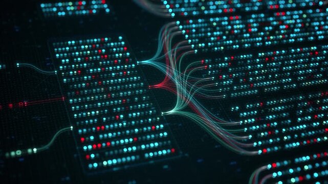 Big Data Analytics Neural Network Data Flow Visualization, AI Machine Learning, Quantum Computing, Binary Code Digital Grid, Futuristic Artificial Intelligence Technology Abstract Background