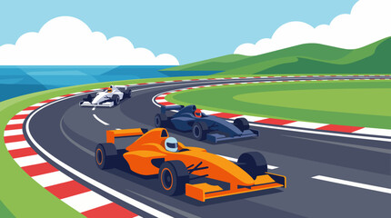 Three racing cars speed along a picturesque coastal track, embodying the thrill of competition, speed, and excitement in a bright and colorful racing environment. © Xiaoliang